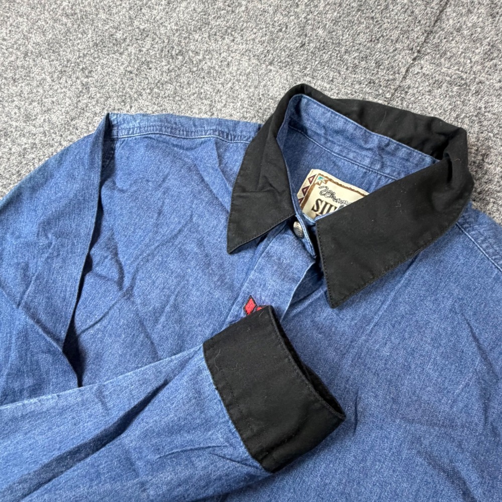 Wrangler Silver Lake Denim Western‎ Shirt Blue Black Collar Embroidery LG3632B M